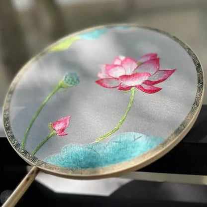 Chinese Suzhou Double - Sided Embroidered Round Fan with Lotus on Bamboo Handle - STAR8S
