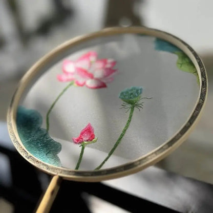 Chinese Suzhou Double - Sided Embroidered Round Fan with Lotus on Bamboo Handle - STAR8S