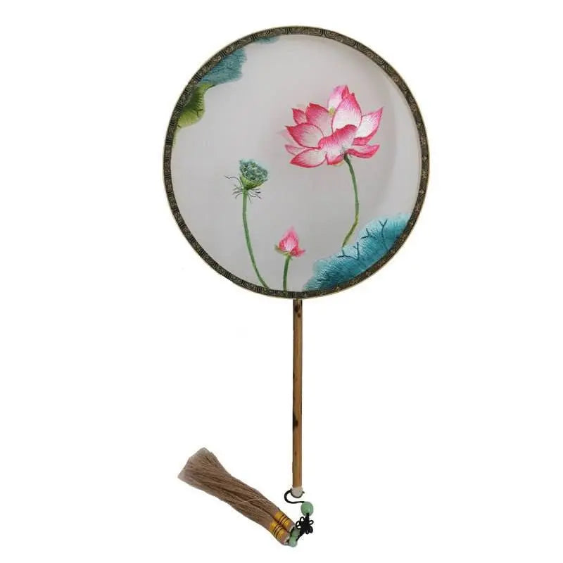 chinese suzhou double - sided embroidered round fan with lotus on bamboo handle - star8s