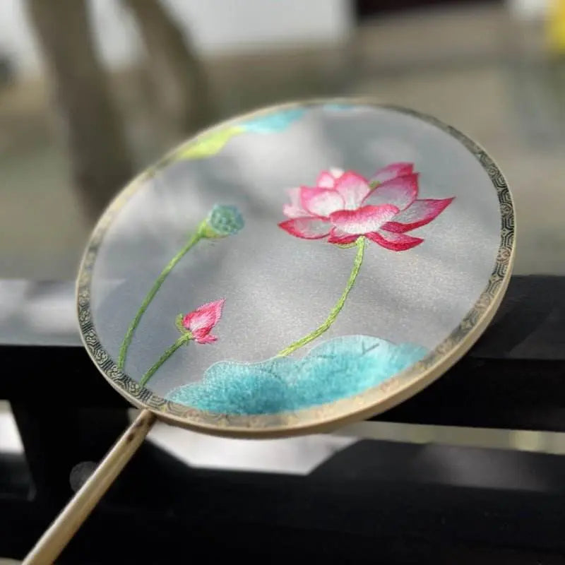 Chinese Suzhou Double - Sided Embroidered Round Fan with Lotus on Bamboo Handle - STAR8S
