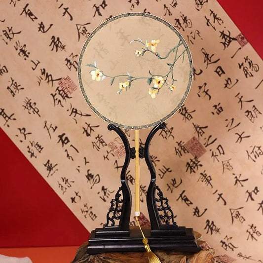 Chinese Suzhou Double - Sided Embroidered Round Fan with Winter Jasmine - STAR8S