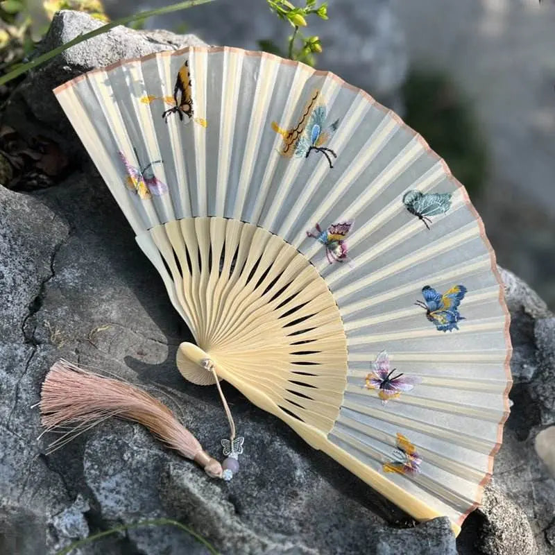 Chinese Suzhou Embroidered Folding Fan with Butterfly Patterns - STAR8S