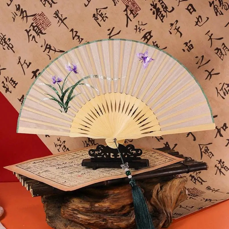 chinese suzhou embroidered folding fan with cymbidium and butterfly patterns - star8s