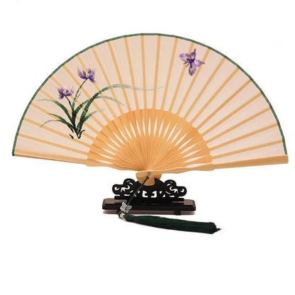 Chinese Suzhou Embroidered Folding Fan with Cymbidium and Butterfly Patterns - STAR8S