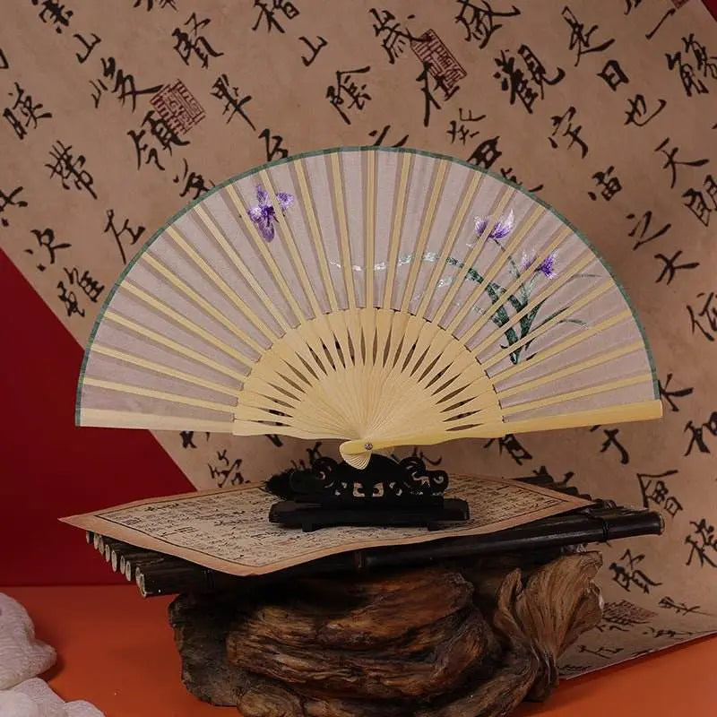 chinese suzhou embroidered folding fan with cymbidium and butterfly patterns - star8s