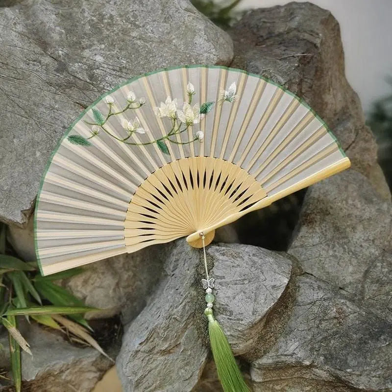 chinese suzhou embroidered folding fan with magnolia pattern for women - star8s