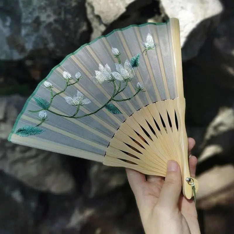 chinese suzhou embroidered folding fan with magnolia pattern for women - star8s