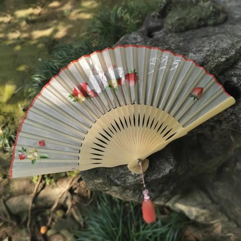 chinese suzhou embroidered folding fan with rabbit and strawberry for women - star8s