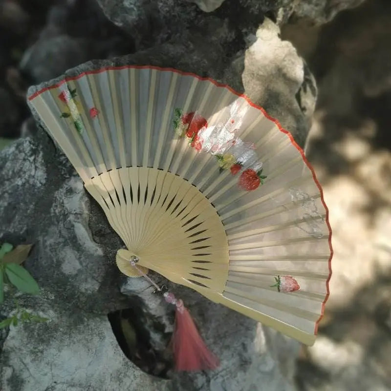 Chinese Suzhou Embroidered Folding Fan with Rabbit and Strawberry for Women - STAR8S