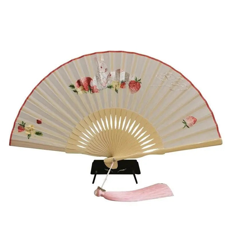 chinese suzhou embroidered folding fan with rabbit and strawberry for women - star8s