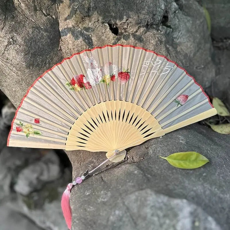 Chinese Suzhou Embroidered Folding Fan with Rabbit and Strawberry for Women - STAR8S