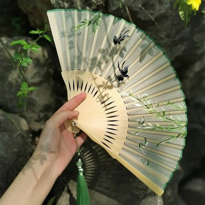 Chinese Suzhou Embroidered Folding Fan with Tender Willow and Spring Swallow Patterns - STAR8S