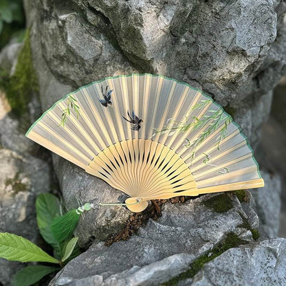 Chinese Suzhou Embroidered Folding Fan with Tender Willow and Spring Swallow Patterns - STAR8S