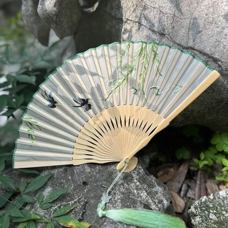 chinese suzhou embroidered folding fan with tender willow and spring swallow patterns - star8s