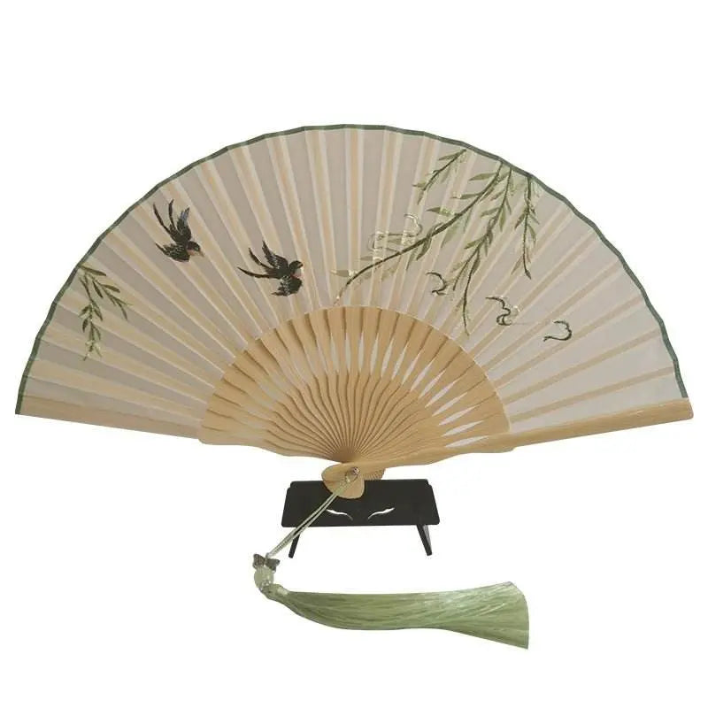 Chinese Suzhou Embroidered Folding Fan with Tender Willow and Spring Swallow Patterns - STAR8S
