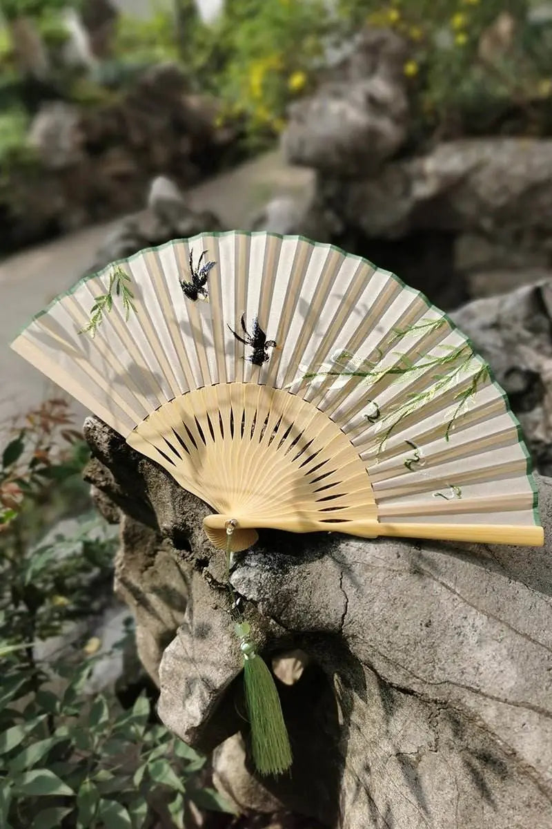 Chinese Suzhou Embroidered Folding Fan with Tender Willow and Spring Swallow Patterns - STAR8S