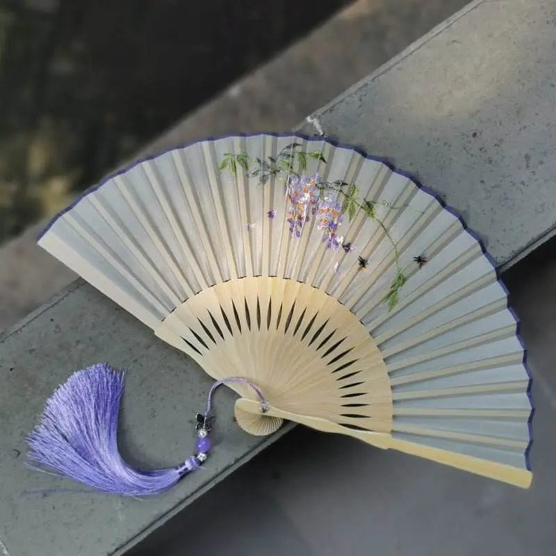 chinese suzhou embroidered folding fan with wisteria patterns for women - star8s