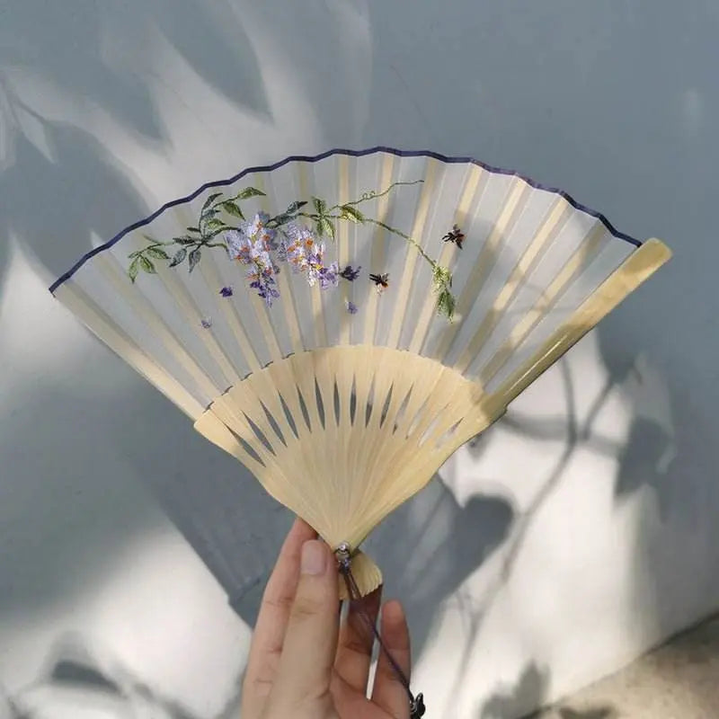 chinese suzhou embroidered folding fan with wisteria patterns for women - star8s