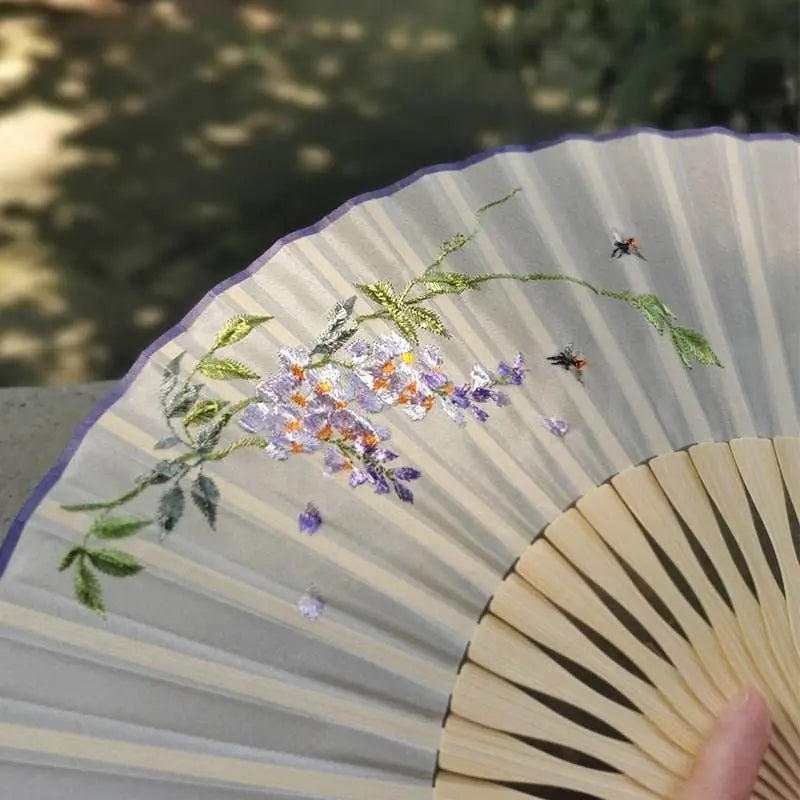 Chinese Suzhou Embroidered Folding Fan with Wisteria Patterns for Women - STAR8S