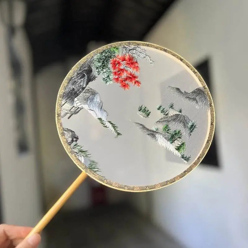 chinese suzhou embroidered round fan with autumn scene on bamboo frame - star8s