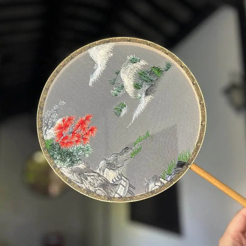 chinese suzhou embroidered round fan with autumn scene on bamboo frame - star8s