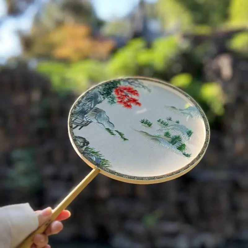 chinese suzhou embroidered round fan with autumn scene on bamboo frame - star8s
