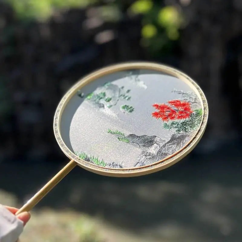 chinese suzhou embroidered round fan with autumn scene on bamboo frame - star8s