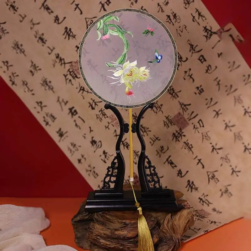 chinese suzhou embroidered round fan with epiphyllum pattern - star8s