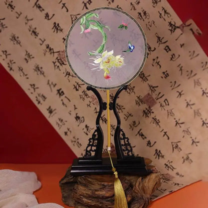 Chinese Suzhou Embroidered Round Fan with Epiphyllum Pattern - STAR8S