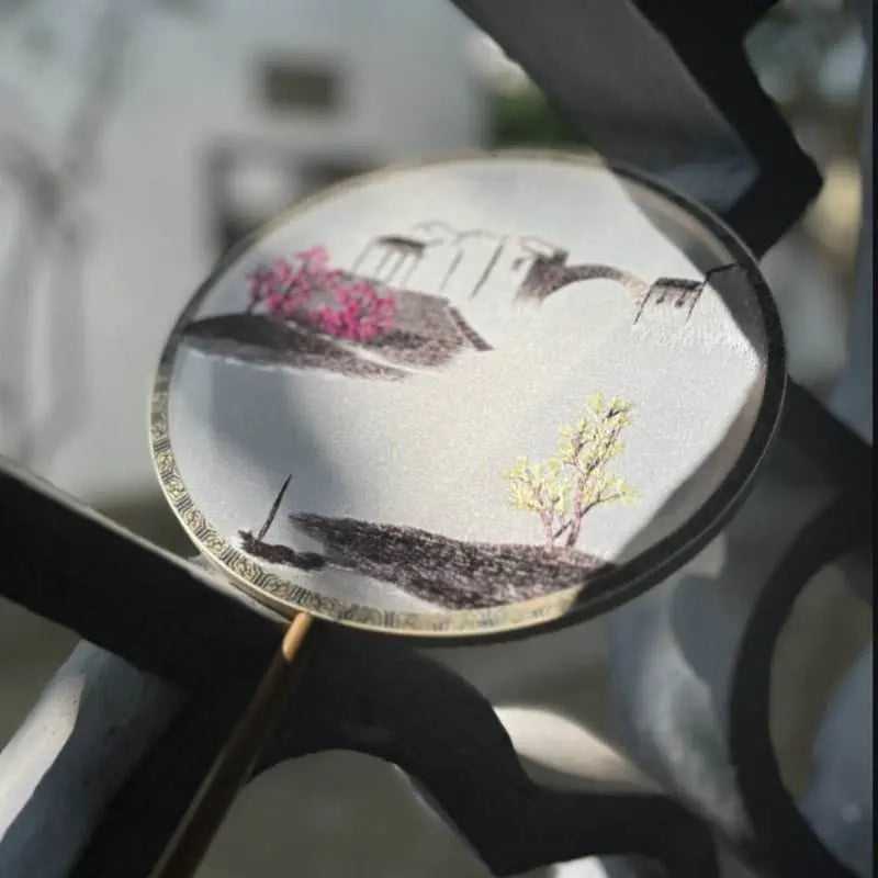 chinese suzhou embroidered round fan with misty jiangnan scene on bamboo frame - star8s