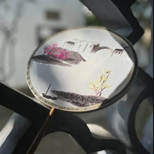 Chinese Suzhou Embroidered Round Fan with Misty Jiangnan Scene on Bamboo Frame - STAR8S