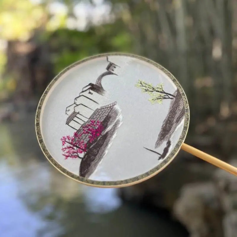chinese suzhou embroidered round fan with misty jiangnan scene on bamboo frame - star8s