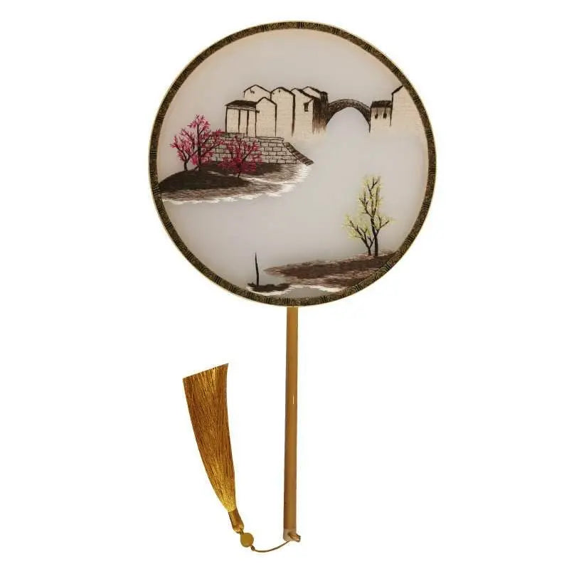 Chinese Suzhou Embroidered Round Fan with Misty Jiangnan Scene on Bamboo Frame - STAR8S