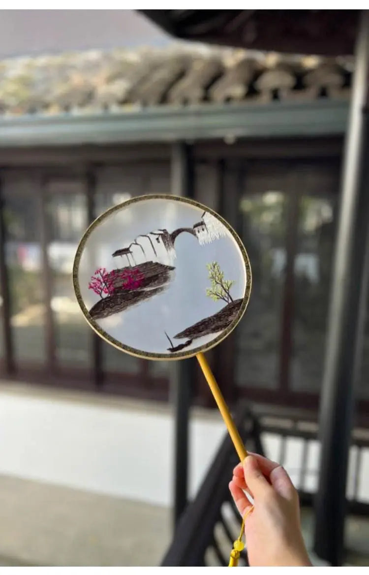 Chinese Suzhou Embroidered Round Fan with Misty Jiangnan Scene on Bamboo Frame - STAR8S