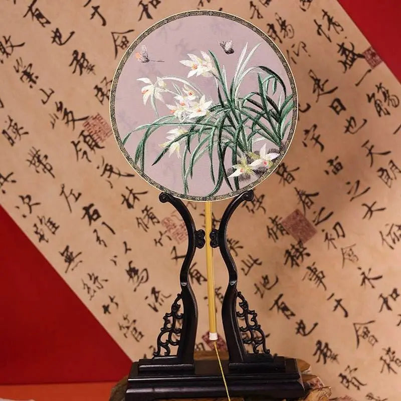 Chinese Suzhou Embroidered Round Fan with Orchid & Butterfly on Bamboo Frame for Hanfu - STAR8S
