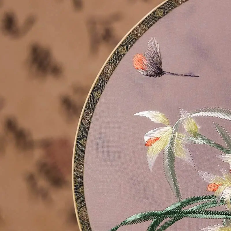 chinese suzhou embroidered round fan with orchid & butterfly on bamboo frame for hanfu - star8s