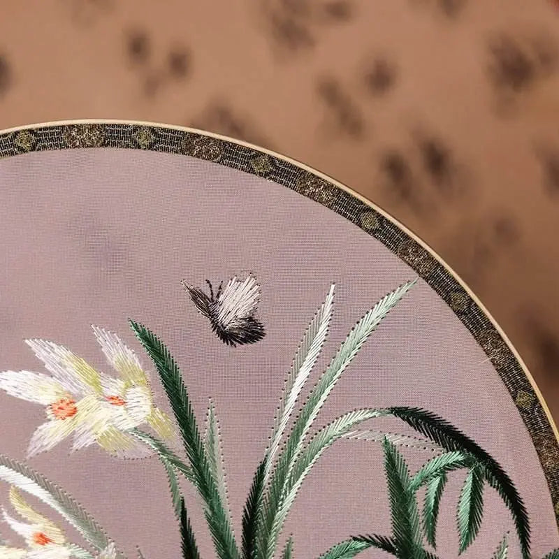 Chinese Suzhou Embroidered Round Fan with Orchid & Butterfly on Bamboo Frame for Hanfu - STAR8S