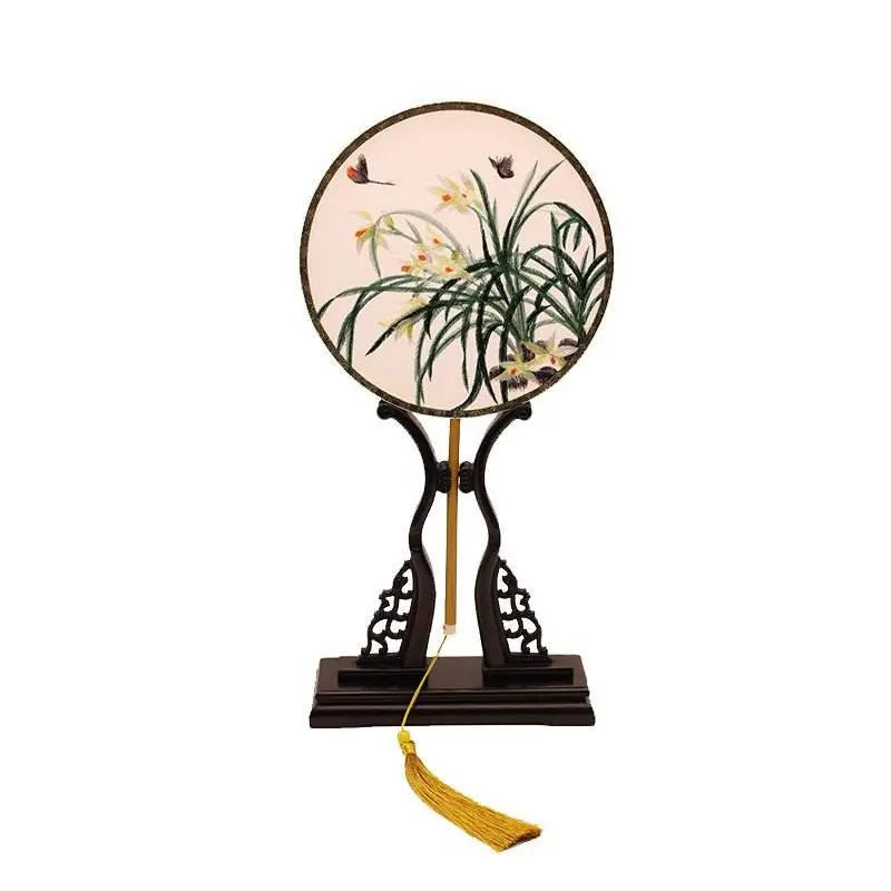 chinese suzhou embroidered round fan with orchid & butterfly on bamboo frame for hanfu - star8s