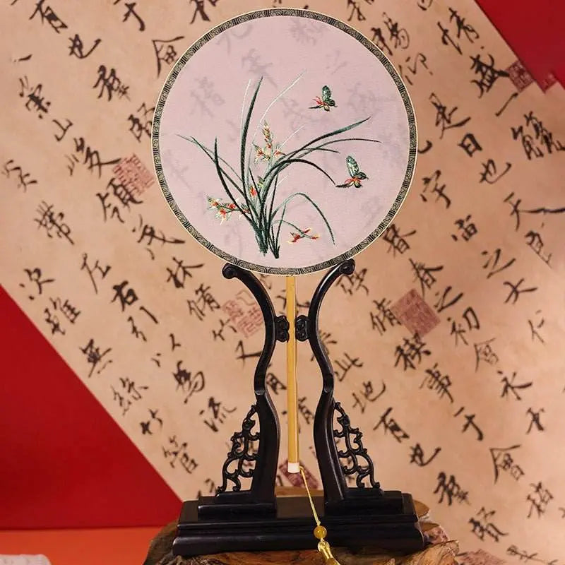 Chinese Suzhou Embroidered Round Fan with Orchid & Butterfly on Bamboo Frame for Hanfu - STAR8S