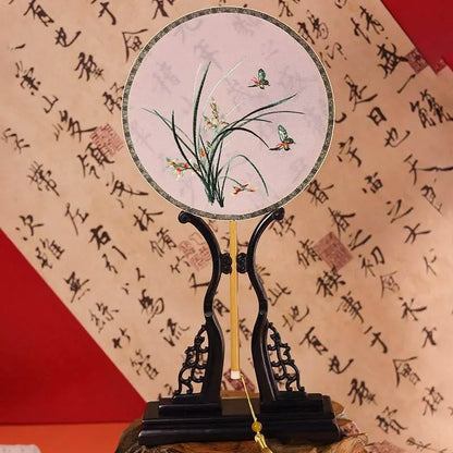 Chinese Suzhou Embroidered Round Fan with Orchid & Butterfly on Bamboo Frame for Hanfu - STAR8S