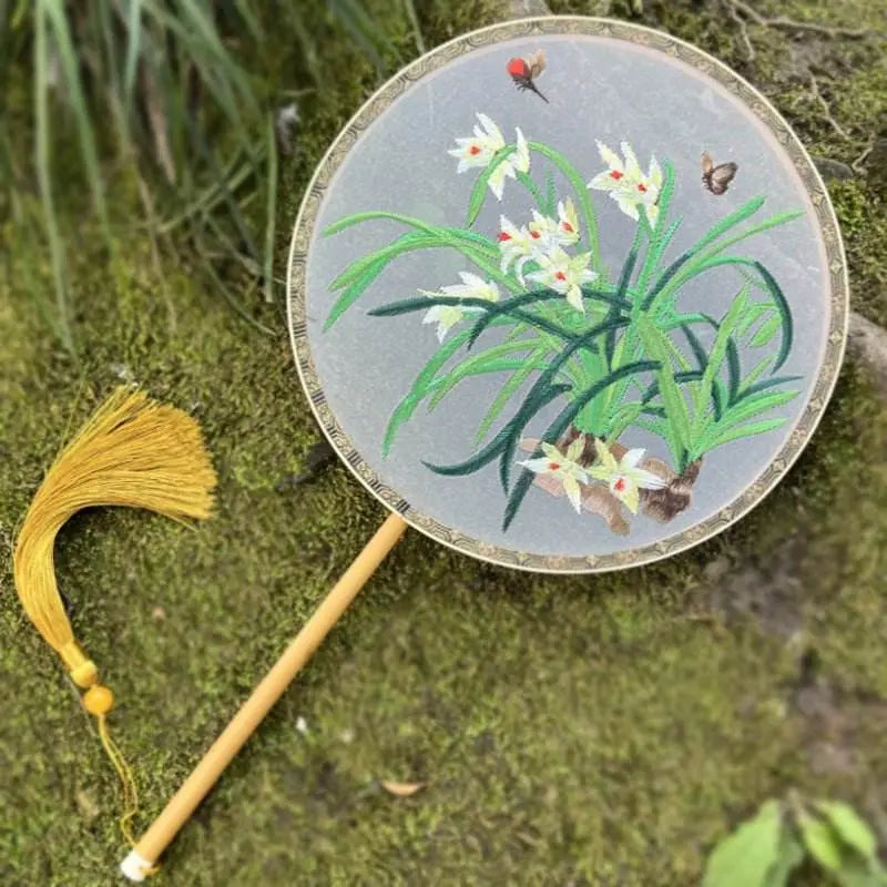 Chinese Suzhou Embroidered Round Fan with Orchid and Butterfly on Bamboo Frame - STAR8S