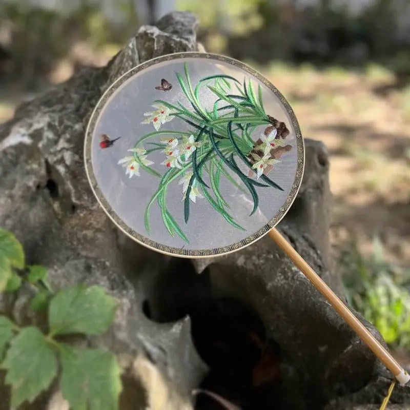chinese suzhou embroidered round fan with orchid and butterfly on bamboo frame - star8s