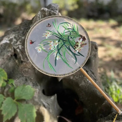 Chinese Suzhou Embroidered Round Fan with Orchid and Butterfly on Bamboo Frame - STAR8S