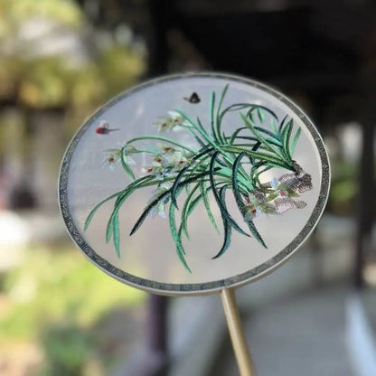 Chinese Suzhou Embroidered Round Fan with Orchid and Butterfly on Bamboo Frame - STAR8S