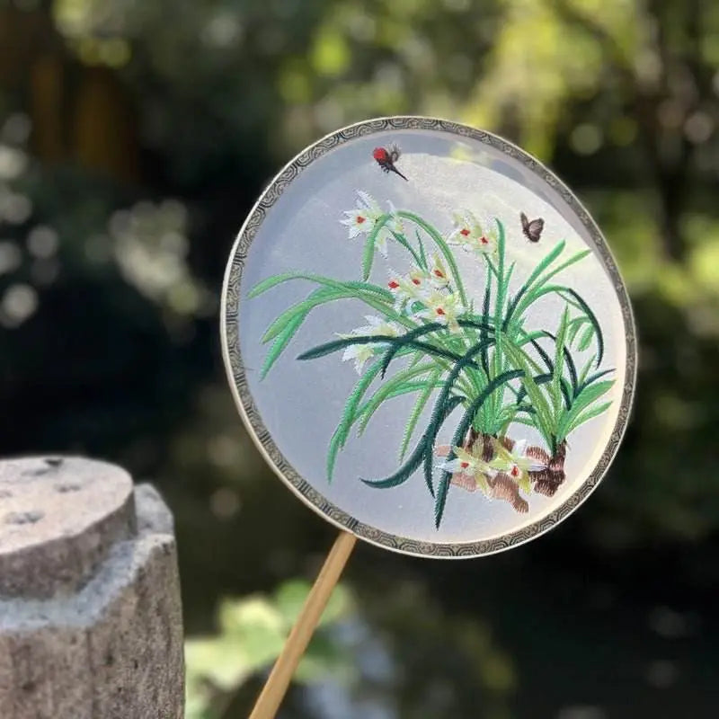 chinese suzhou embroidered round fan with orchid and butterfly on bamboo frame - star8s