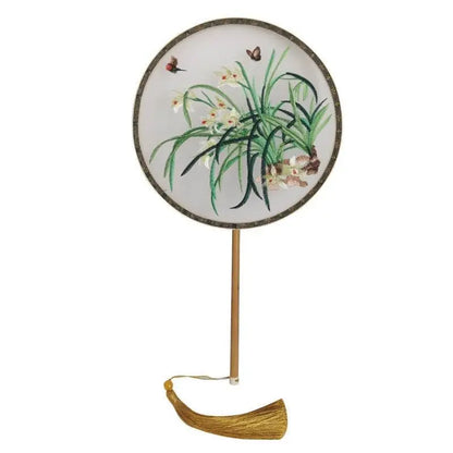 Chinese Suzhou Embroidered Round Fan with Orchid and Butterfly on Bamboo Frame - STAR8S
