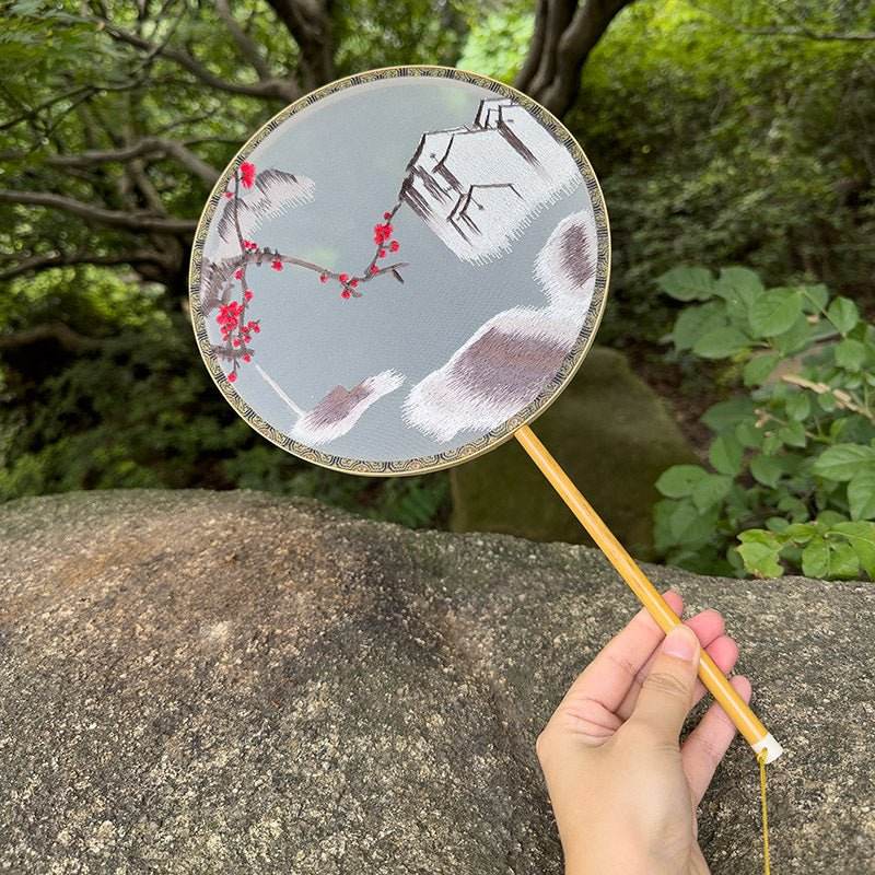 chinese suzhou embroidered round fan with plum blossom in misty rain - star8s