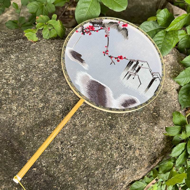 chinese suzhou embroidered round fan with plum blossom in misty rain - star8s