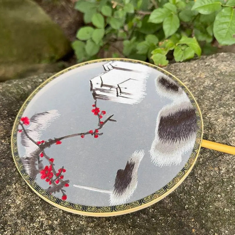 chinese suzhou embroidered round fan with plum blossom in misty rain - star8s