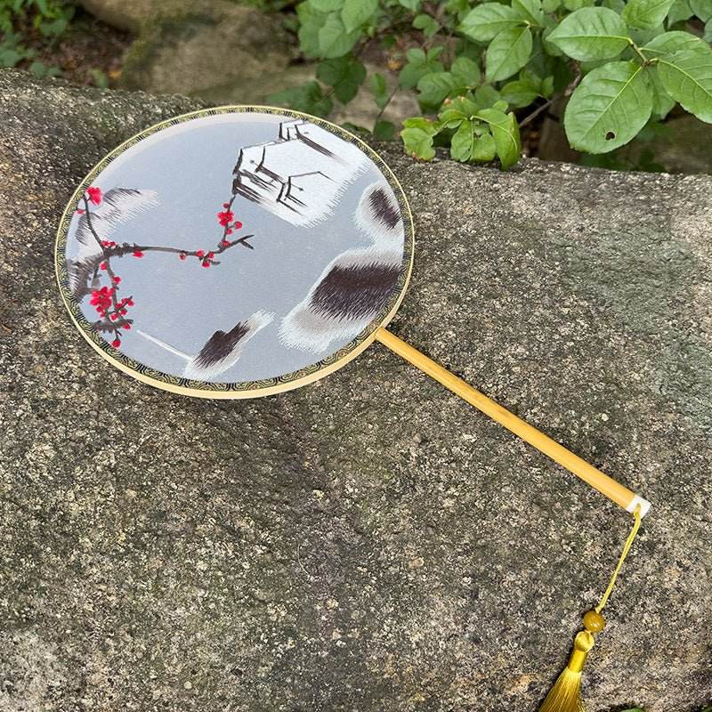 chinese suzhou embroidered round fan with plum blossom in misty rain - star8s